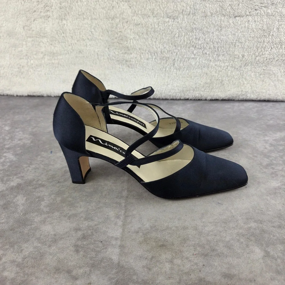 Nina Comfort Navy Blue Satin Square Toe Crisscross Strap Heels Size 8M Spain